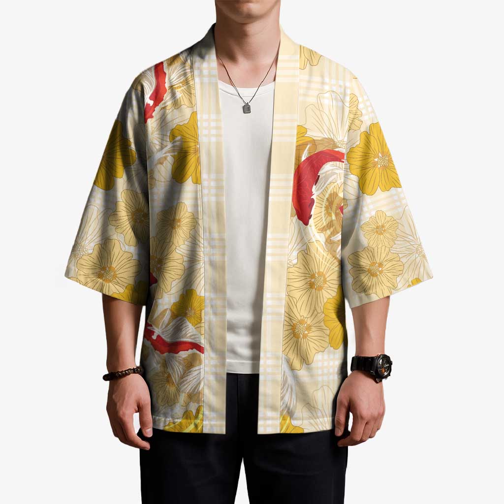 Beige Palaka Hawaii Aloha Kimono Koi Pond Mix Ilima Flowers - Polynesian Pride