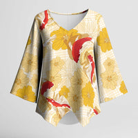 Beige Palaka Hawaii Aloha Kimono Sleeve Blouse Koi Pond Mix Ilima Flowers LT7 Female Cream Yellow - Polynesian Pride