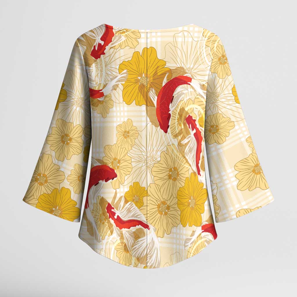 Beige Palaka Hawaii Aloha Kimono Sleeve Blouse Koi Pond Mix Ilima Flowers LT7 - Polynesian Pride