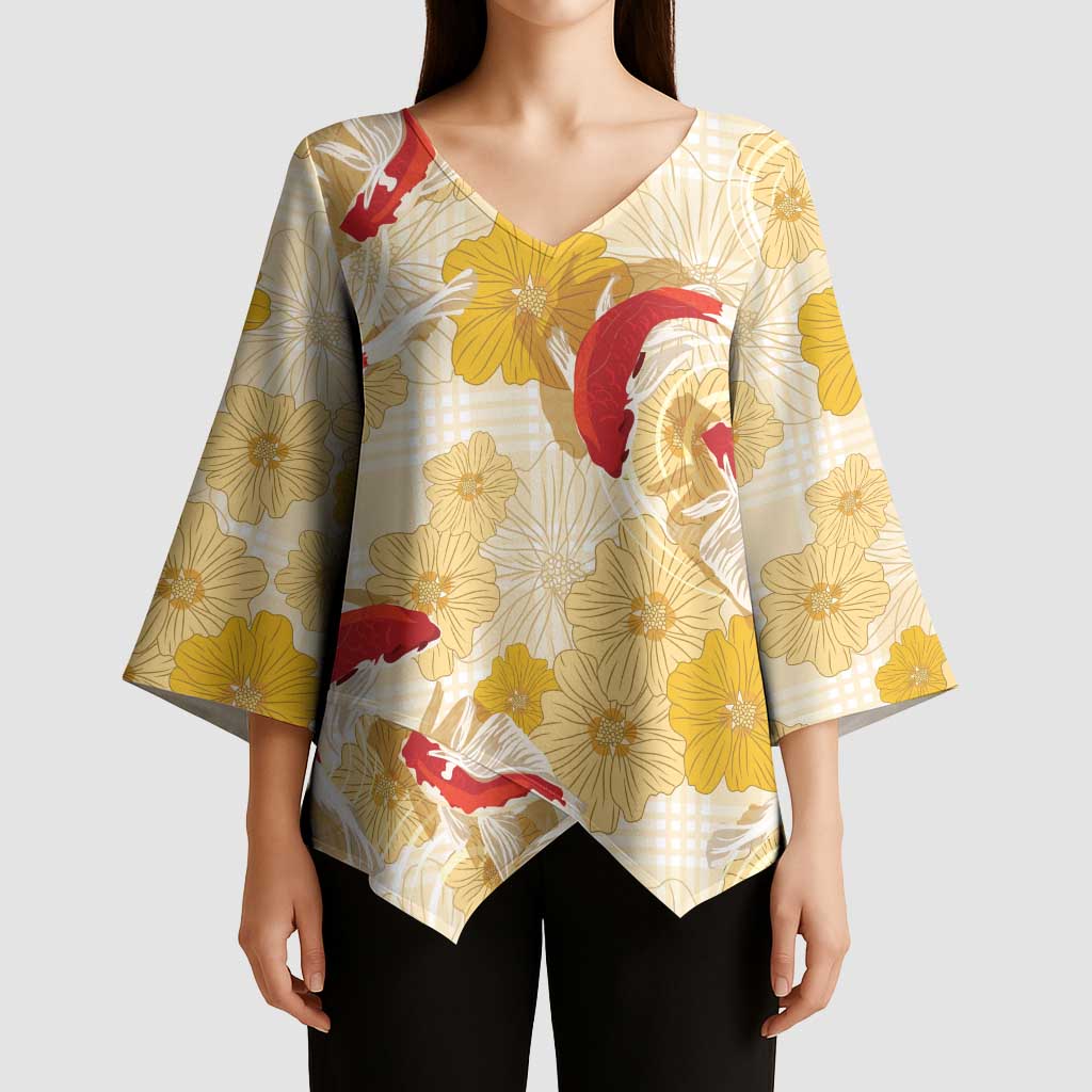 Beige Palaka Hawaii Aloha Kimono Sleeve Blouse Koi Pond Mix Ilima Flowers LT7 - Polynesian Pride
