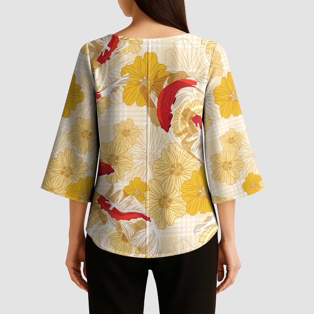 Beige Palaka Hawaii Aloha Kimono Sleeve Blouse Koi Pond Mix Ilima Flowers LT7 - Polynesian Pride