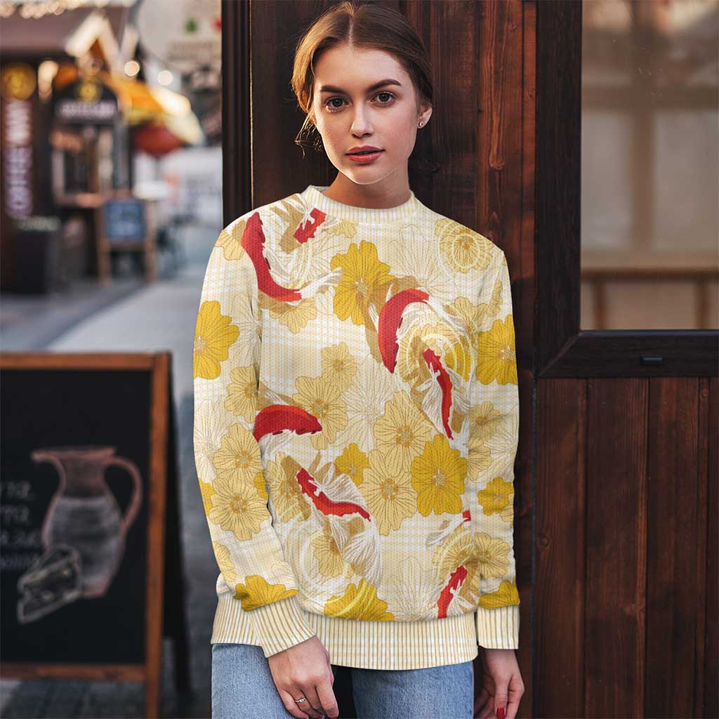 Beige Palaka Hawaii Aloha Ugly Christmas Sweater Koi Pond Mix Ilima Flowers - Polynesian Pride