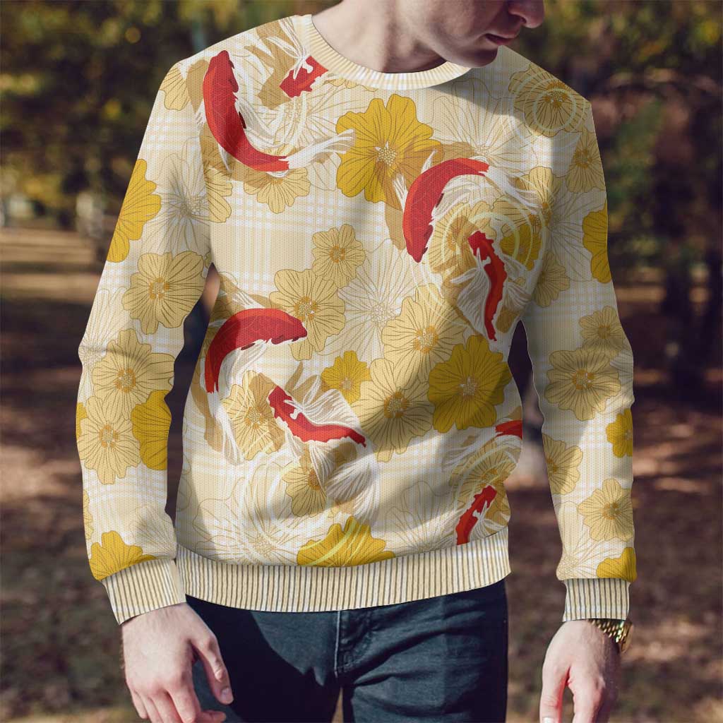 Beige Palaka Hawaii Aloha Ugly Christmas Sweater Koi Pond Mix Ilima Flowers - Polynesian Pride
