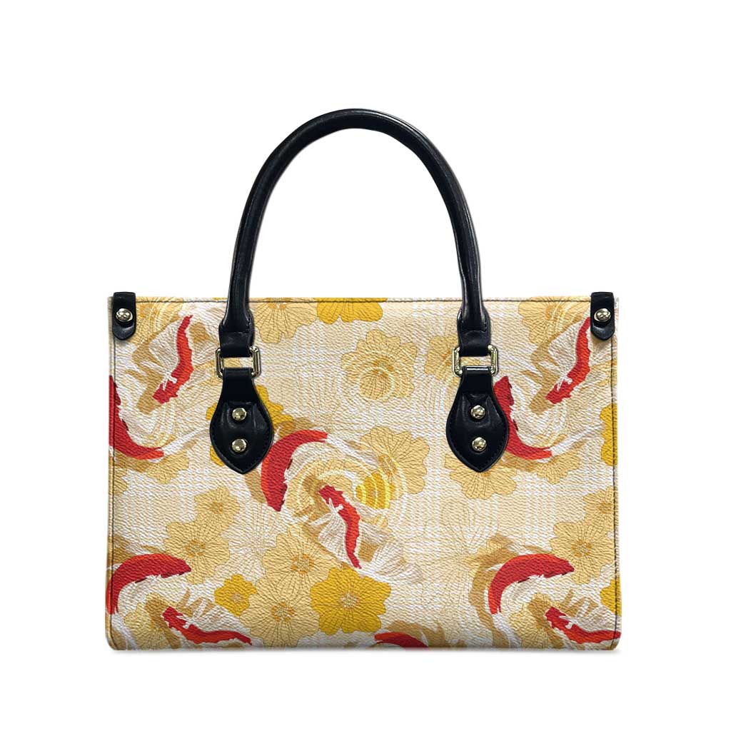 Beige Palaka Hawaii Aloha Leather Bag Koi Pond Mix Ilima Flowers - Polynesian Pride