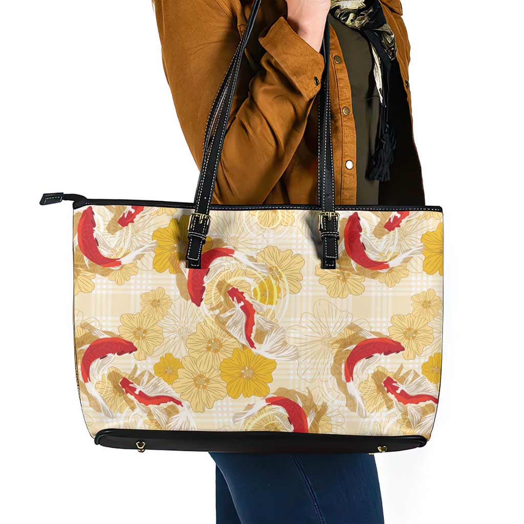 Beige Palaka Hawaii Aloha Leather Tote Bag Koi Pond Mix Ilima Flowers LT7 - Polynesian Pride