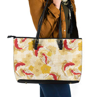 Beige Palaka Hawaii Aloha Leather Tote Bag Koi Pond Mix Ilima Flowers LT7 - Polynesian Pride