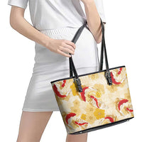 Beige Palaka Hawaii Aloha Leather Tote Bag Koi Pond Mix Ilima Flowers LT7 - Polynesian Pride
