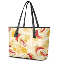Beige Palaka Hawaii Aloha Leather Tote Bag Koi Pond Mix Ilima Flowers LT7 - Polynesian Pride