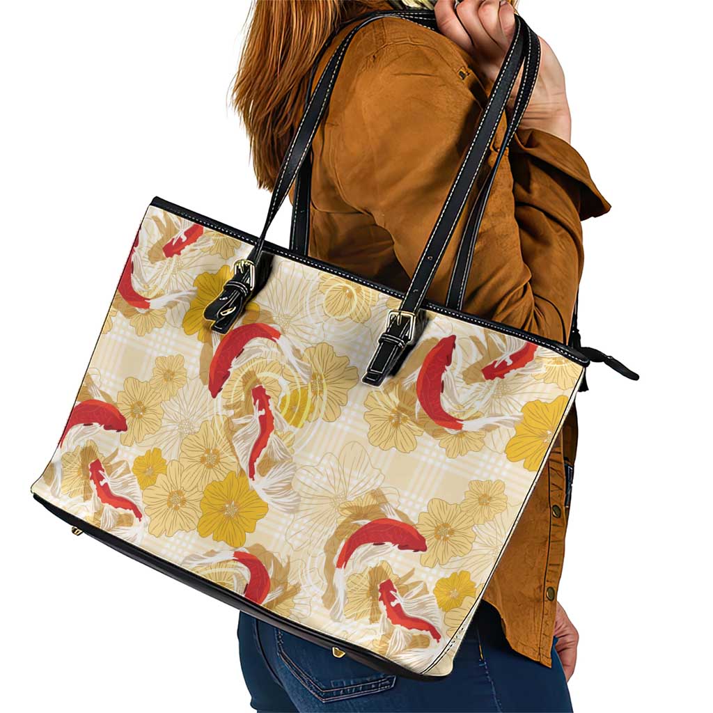 Beige Palaka Hawaii Aloha Leather Tote Bag Koi Pond Mix Ilima Flowers LT7 - Polynesian Pride