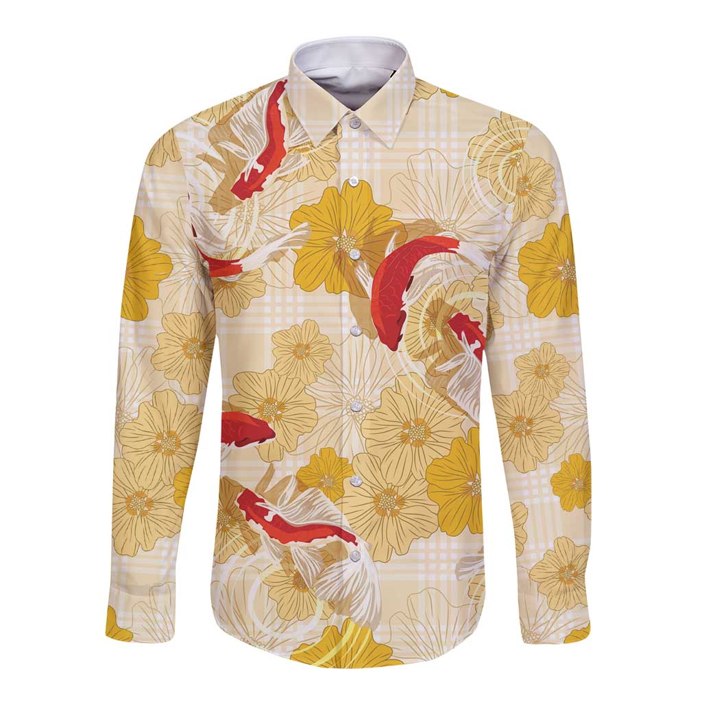 Beige Palaka Hawaii Aloha Long Sleeve Button Shirt Koi Pond Mix Ilima Flowers LT7 Unisex Cream Yellow - Polynesian Pride