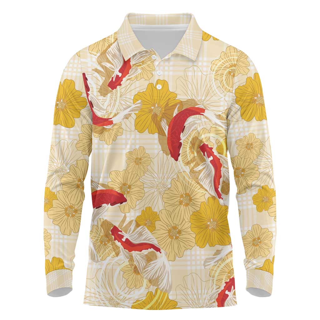Beige Palaka Hawaii Aloha Long Sleeve Polo Shirt Koi Pond Mix Ilima Flowers LT7 Cream Yellow - Polynesian Pride