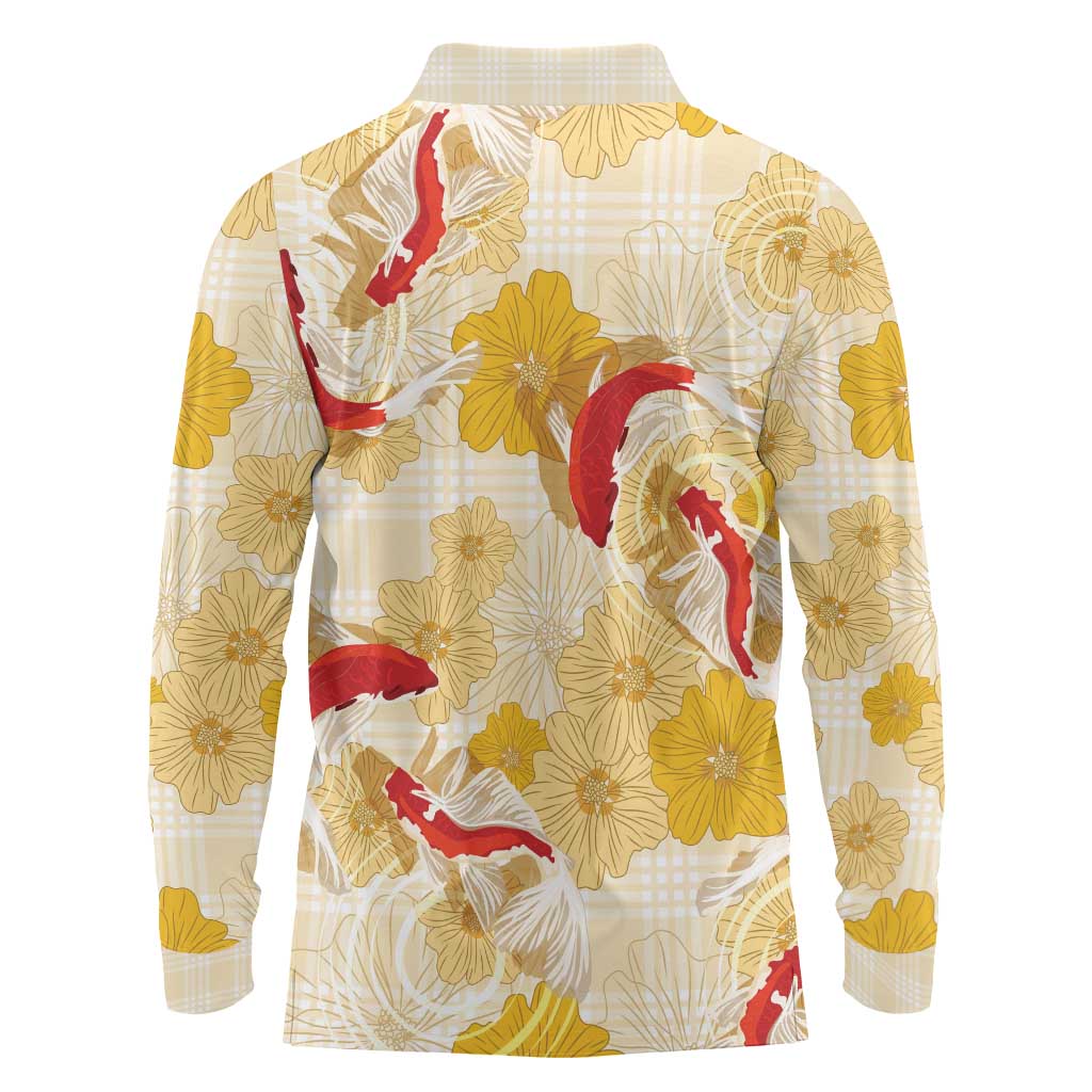 Beige Palaka Hawaii Aloha Long Sleeve Polo Shirt Koi Pond Mix Ilima Flowers LT7 - Polynesian Pride