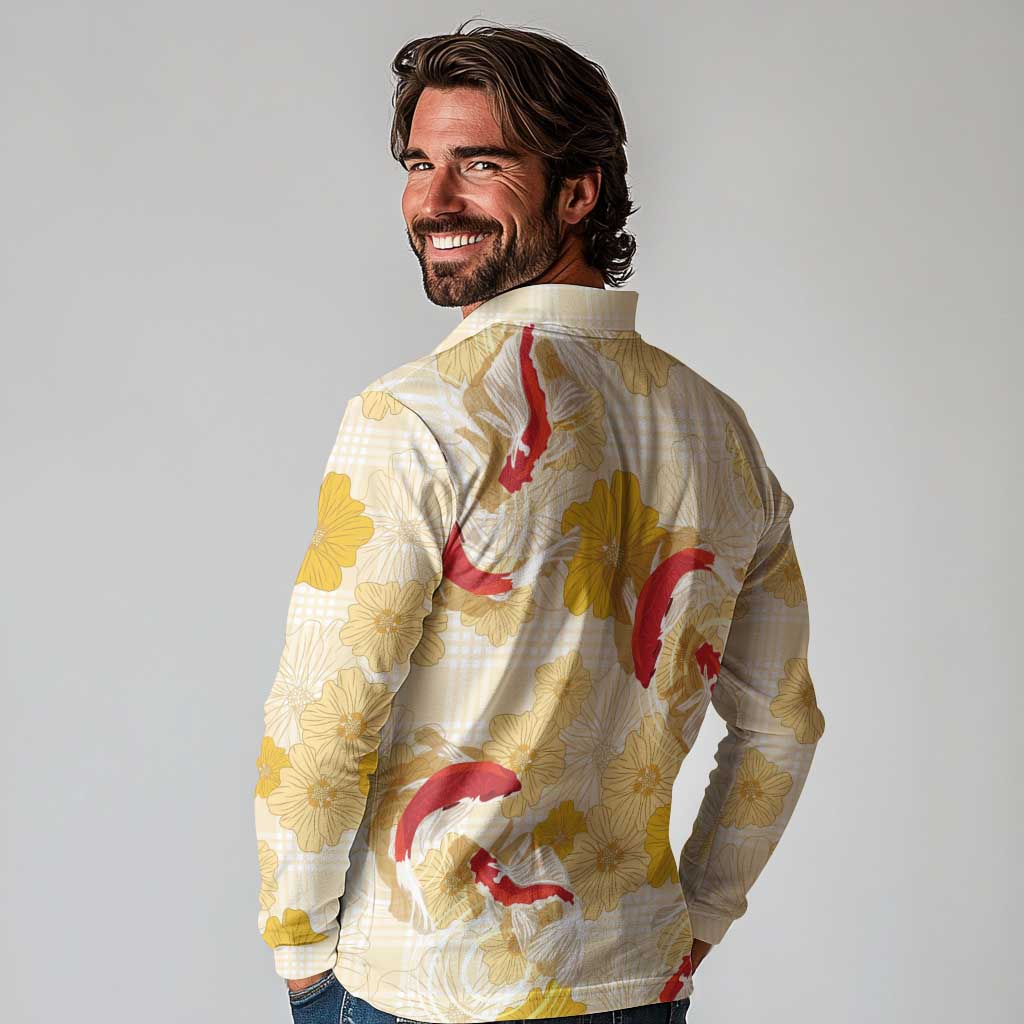 Beige Palaka Hawaii Aloha Long Sleeve Polo Shirt Koi Pond Mix Ilima Flowers LT7 - Polynesian Pride