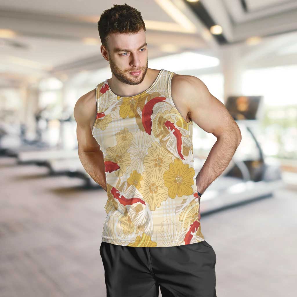 Beige Palaka Hawaii Aloha Men Tank Top Koi Pond Mix Ilima Flowers - Polynesian Pride