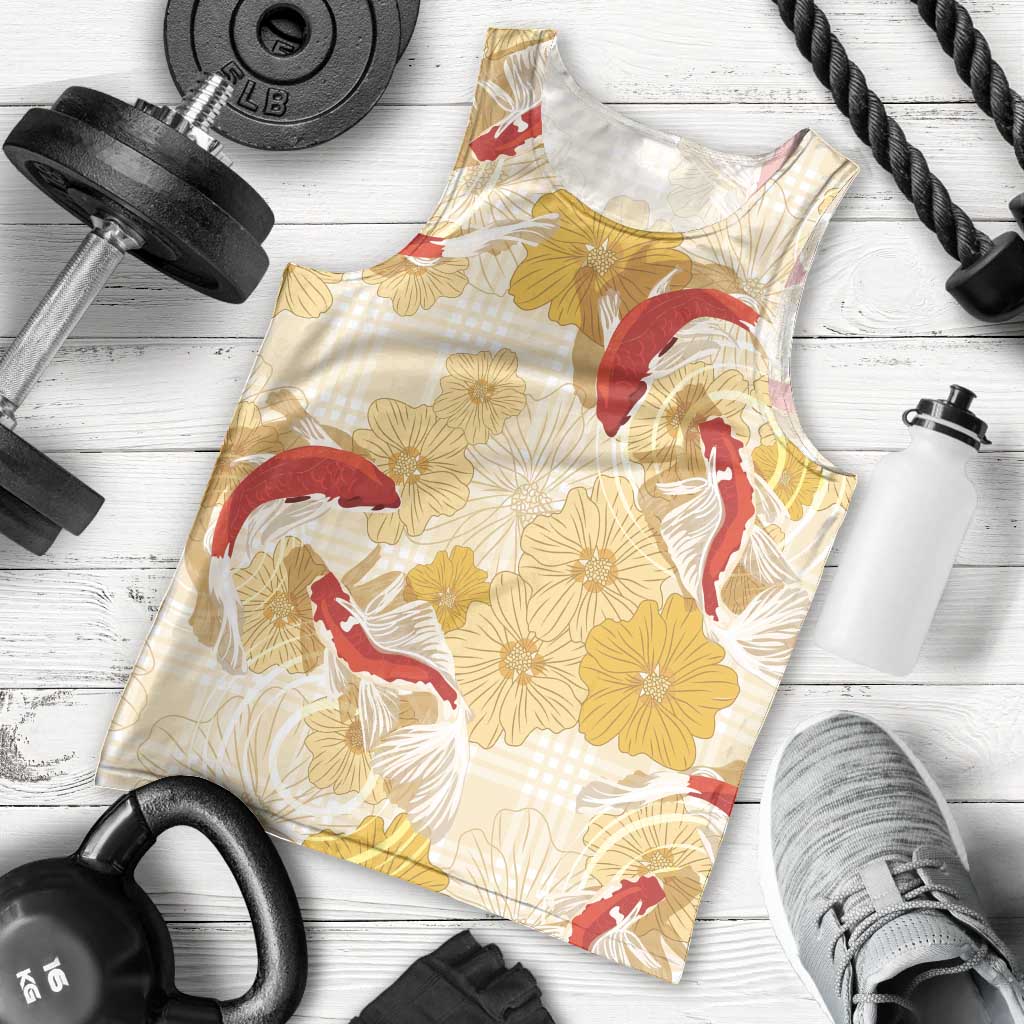 Beige Palaka Hawaii Aloha Men Tank Top Koi Pond Mix Ilima Flowers - Polynesian Pride