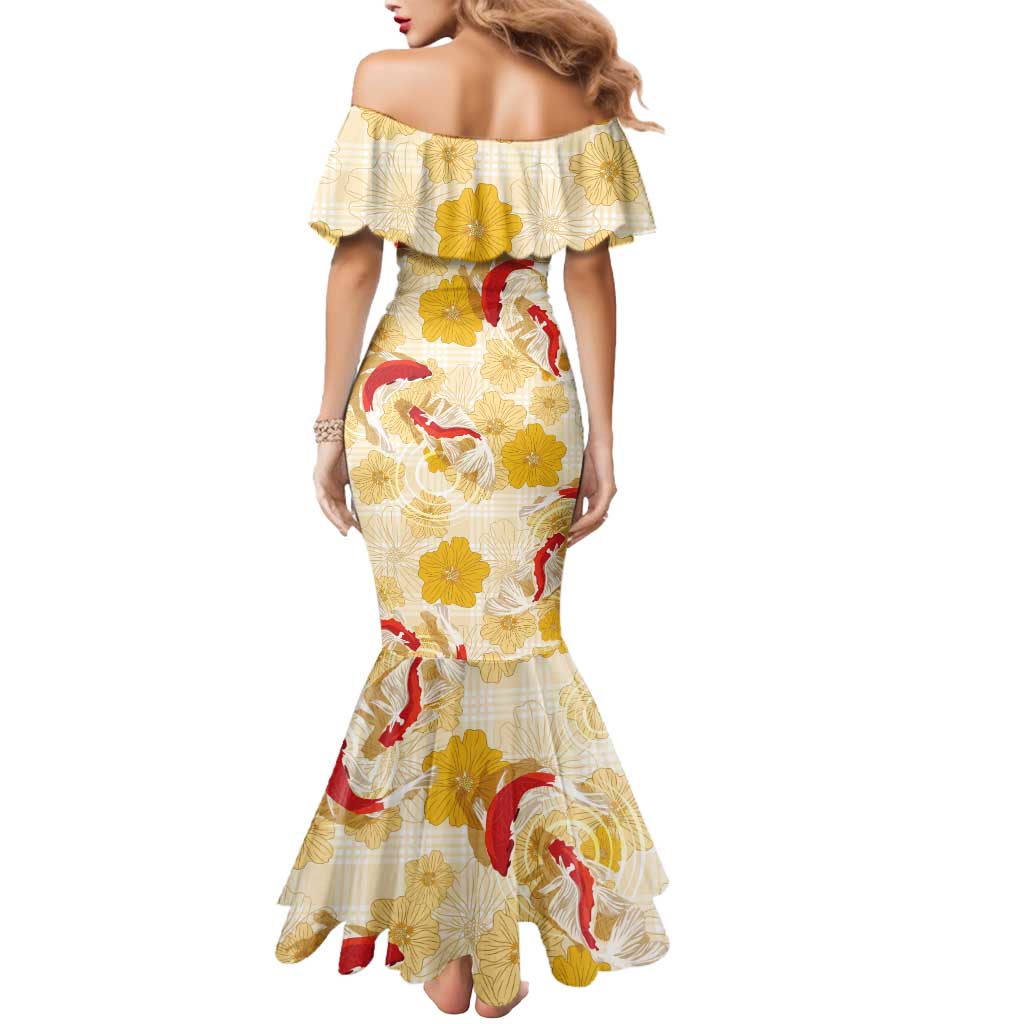 Beige Palaka Hawaii Aloha Mermaid Dress Koi Pond Mix Ilima Flowers - Polynesian Pride