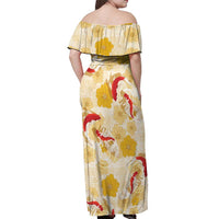 Beige Palaka Hawaii Aloha Off Shoulder Maxi Dress Koi Pond Mix Ilima Flowers - Polynesian Pride