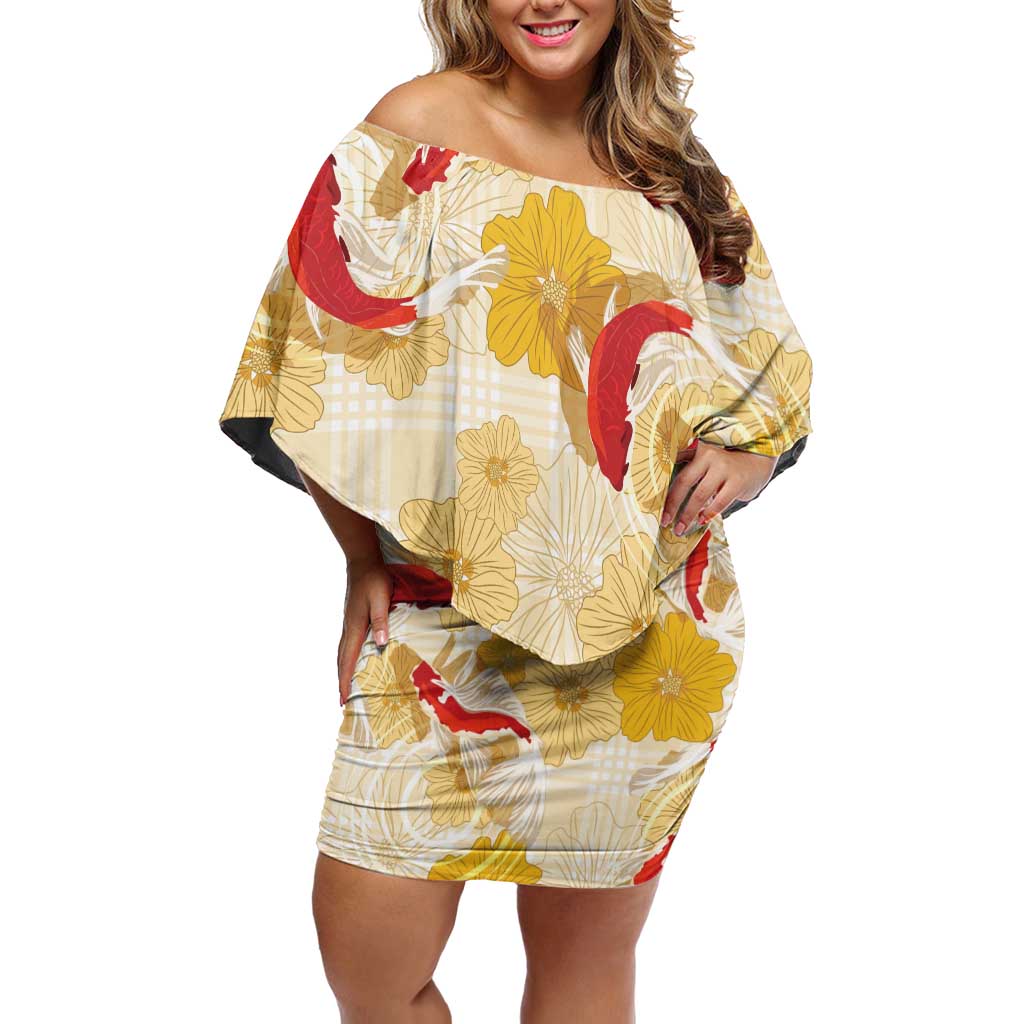 Beige Palaka Hawaii Aloha Off Shoulder Short Dress Koi Pond Mix Ilima Flowers - Polynesian Pride