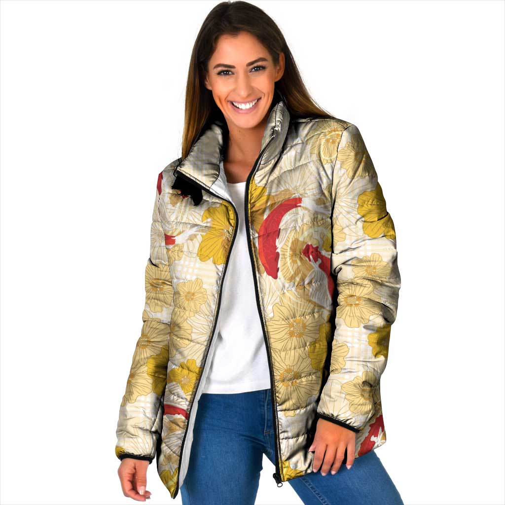 Beige Palaka Hawaii Aloha Padded Jacket Koi Pond Mix Ilima Flowers - Polynesian Pride