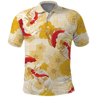 Beige Palaka Hawaii Aloha Polo Shirt Koi Pond Mix Ilima Flowers LT7 Cream Yellow - Polynesian Pride
