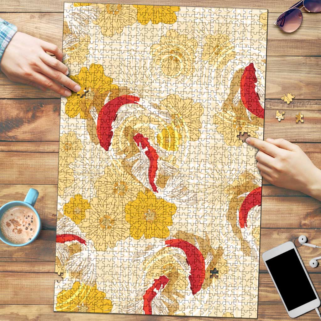 Beige Palaka Hawaii Aloha Puzzle Koi Pond Mix Ilima Flowers LT7 Cream Yellow - Polynesian Pride