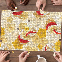 Beige Palaka Hawaii Aloha Puzzle Koi Pond Mix Ilima Flowers LT7 - Polynesian Pride