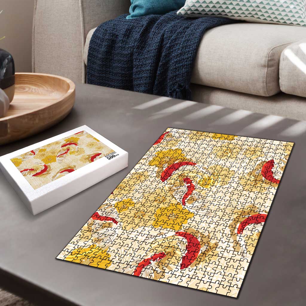Beige Palaka Hawaii Aloha Puzzle Koi Pond Mix Ilima Flowers LT7 - Polynesian Pride