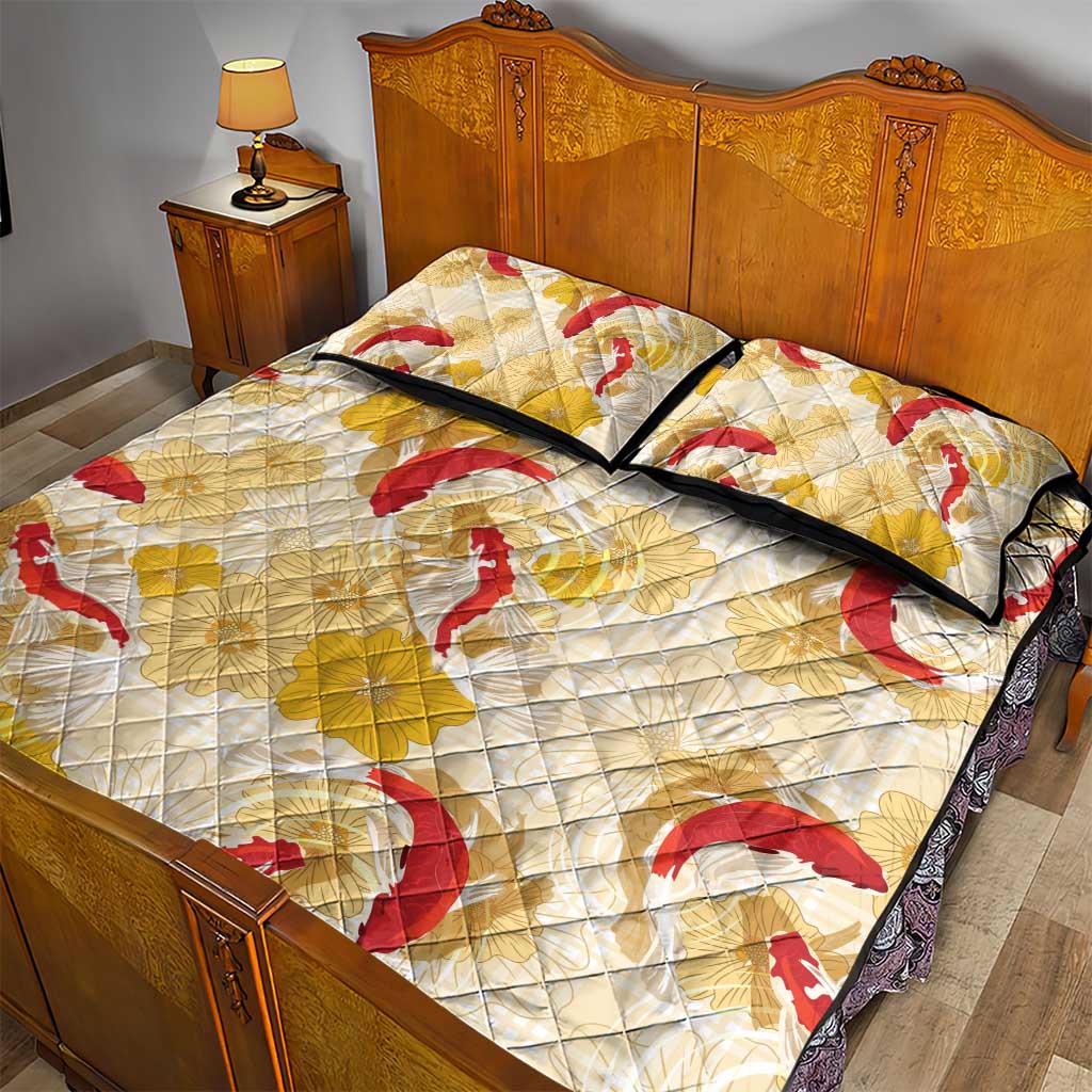 Beige Palaka Hawaii Aloha Quilt Bed Set Koi Pond Mix Ilima Flowers - Polynesian Pride
