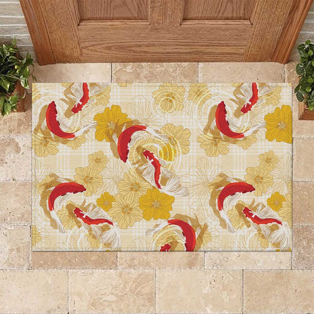 Beige Palaka Hawaii Aloha Rubber Doormat Koi Pond Mix Ilima Flowers LT7 Cream Yellow - Polynesian Pride