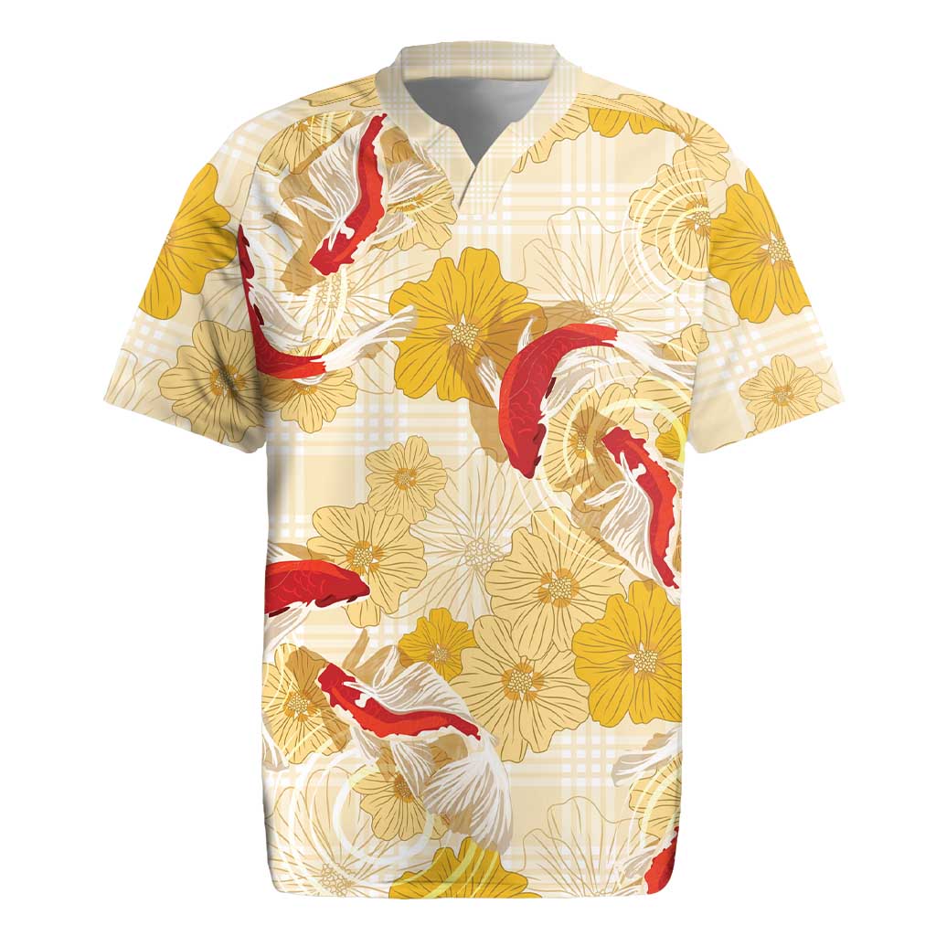 Beige Palaka Hawaii Aloha Rugby Jersey Koi Pond Mix Ilima Flowers LT7 Cream Yellow - Polynesian Pride