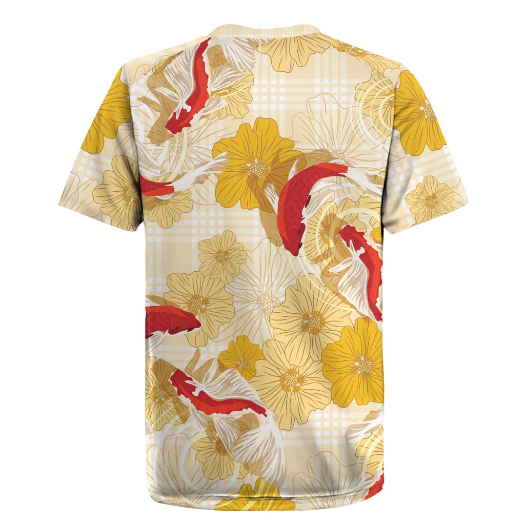 Beige Palaka Hawaii Aloha Rugby Jersey Koi Pond Mix Ilima Flowers LT7 - Polynesian Pride