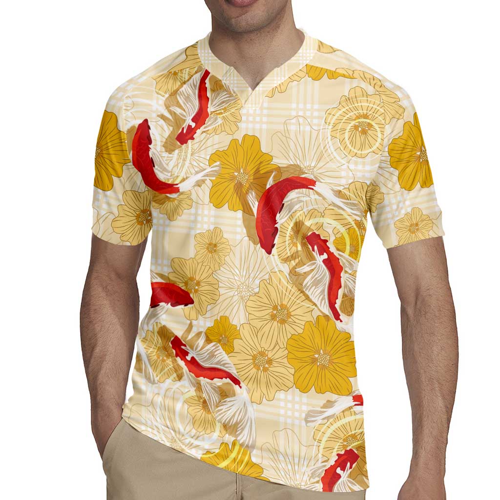 Beige Palaka Hawaii Aloha Rugby Jersey Koi Pond Mix Ilima Flowers LT7 - Polynesian Pride