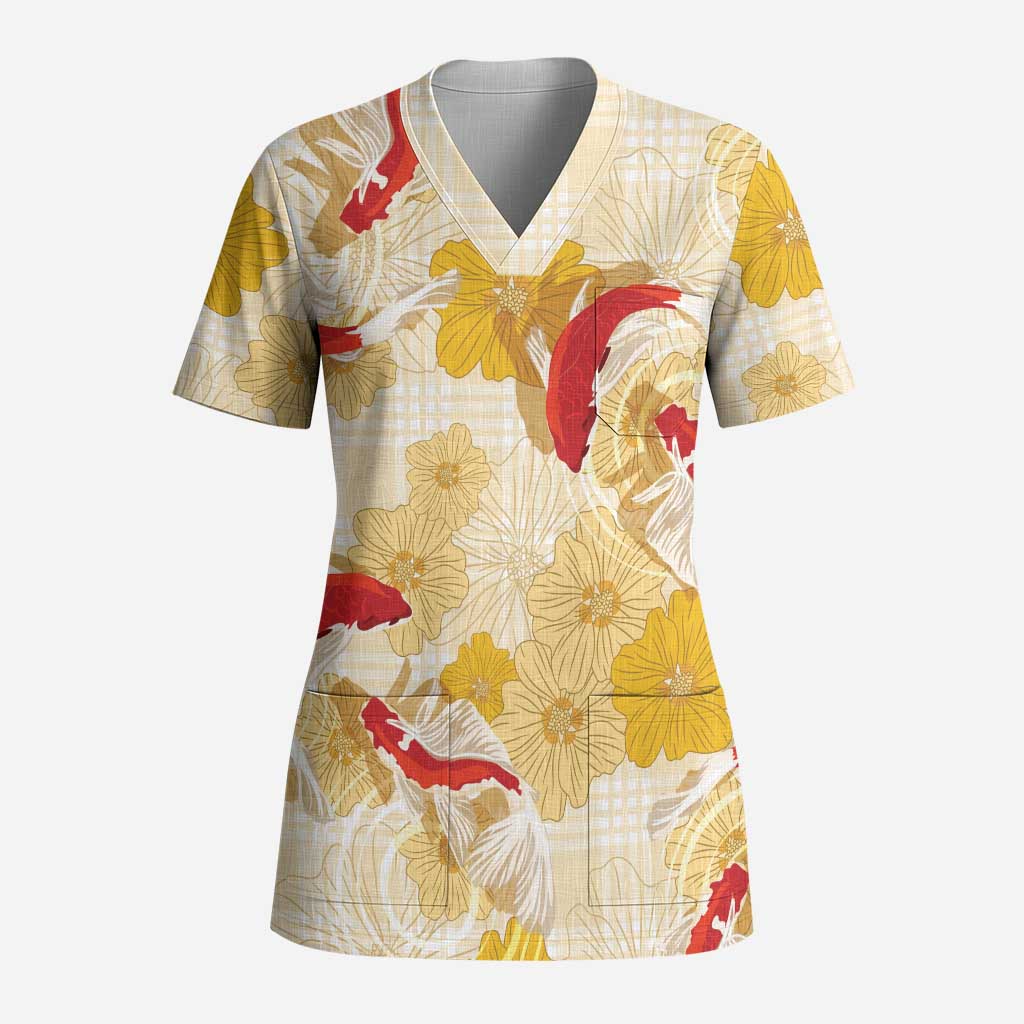 Beige Palaka Hawaii Aloha Scrub Top Koi Pond Mix Ilima Flowers LT7 Adult Cream Yellow - Polynesian Pride