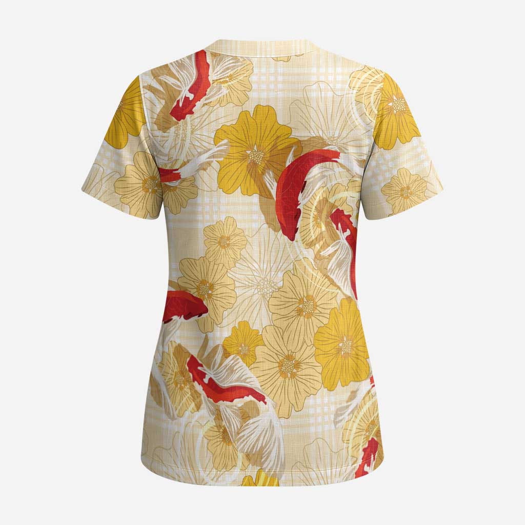 Beige Palaka Hawaii Aloha Scrub Top Koi Pond Mix Ilima Flowers LT7 - Polynesian Pride