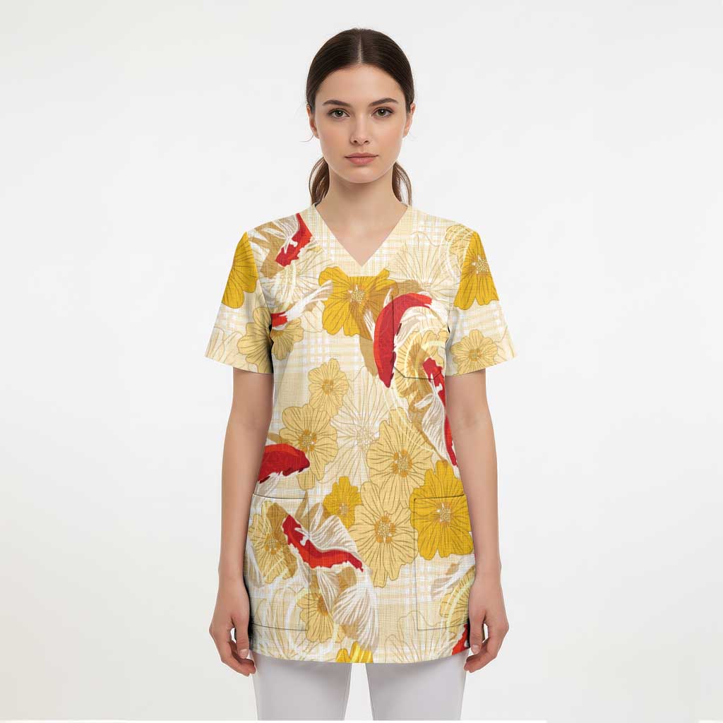 Beige Palaka Hawaii Aloha Scrub Top Koi Pond Mix Ilima Flowers LT7 - Polynesian Pride