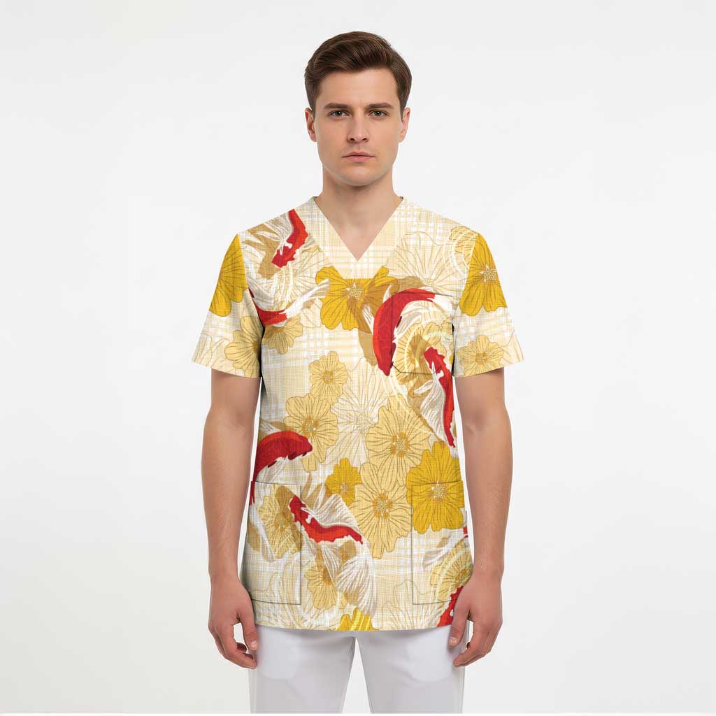 Beige Palaka Hawaii Aloha Scrub Top Koi Pond Mix Ilima Flowers LT7 - Polynesian Pride