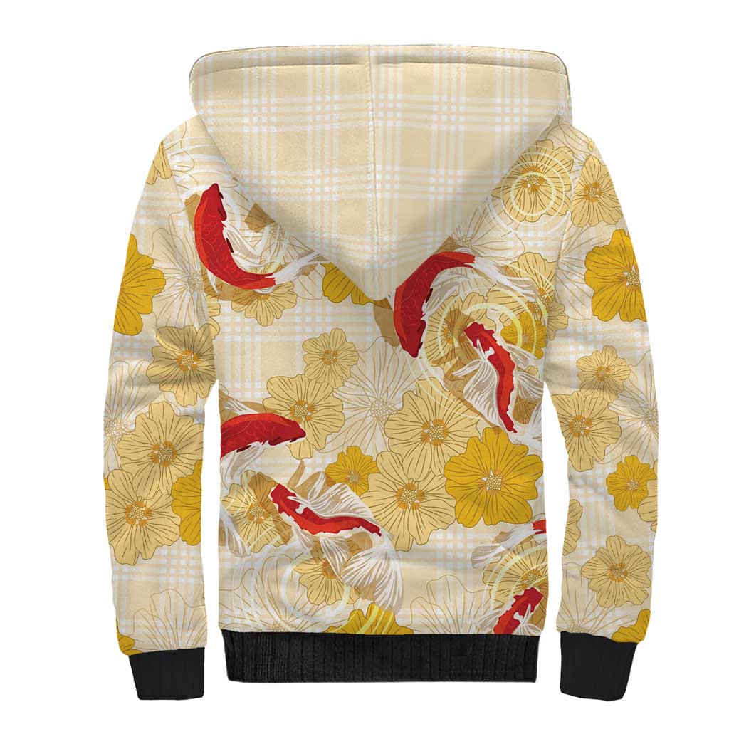 Beige Palaka Hawaii Aloha Sherpa Hoodie Koi Pond Mix Ilima Flowers - Polynesian Pride