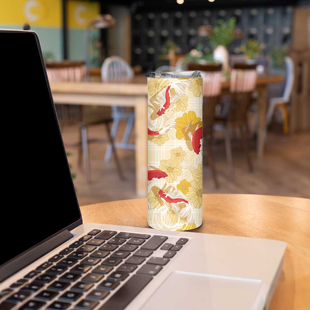 Beige Palaka Hawaii Aloha Skinny Tumbler Koi Pond Mix Ilima Flowers - Polynesian Pride