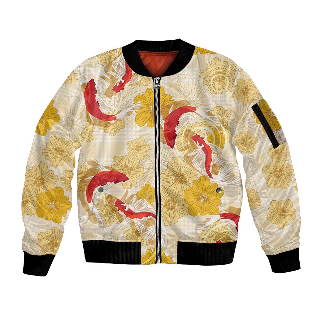 Beige Palaka Hawaii Aloha Sleeve Zip Bomber Jacket Koi Pond Mix Ilima Flowers LT7 Unisex Cream Yellow - Polynesian Pride