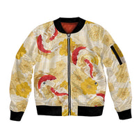 Beige Palaka Hawaii Aloha Sleeve Zip Bomber Jacket Koi Pond Mix Ilima Flowers LT7 Unisex Cream Yellow - Polynesian Pride