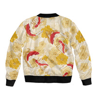 Beige Palaka Hawaii Aloha Sleeve Zip Bomber Jacket Koi Pond Mix Ilima Flowers LT7 - Polynesian Pride