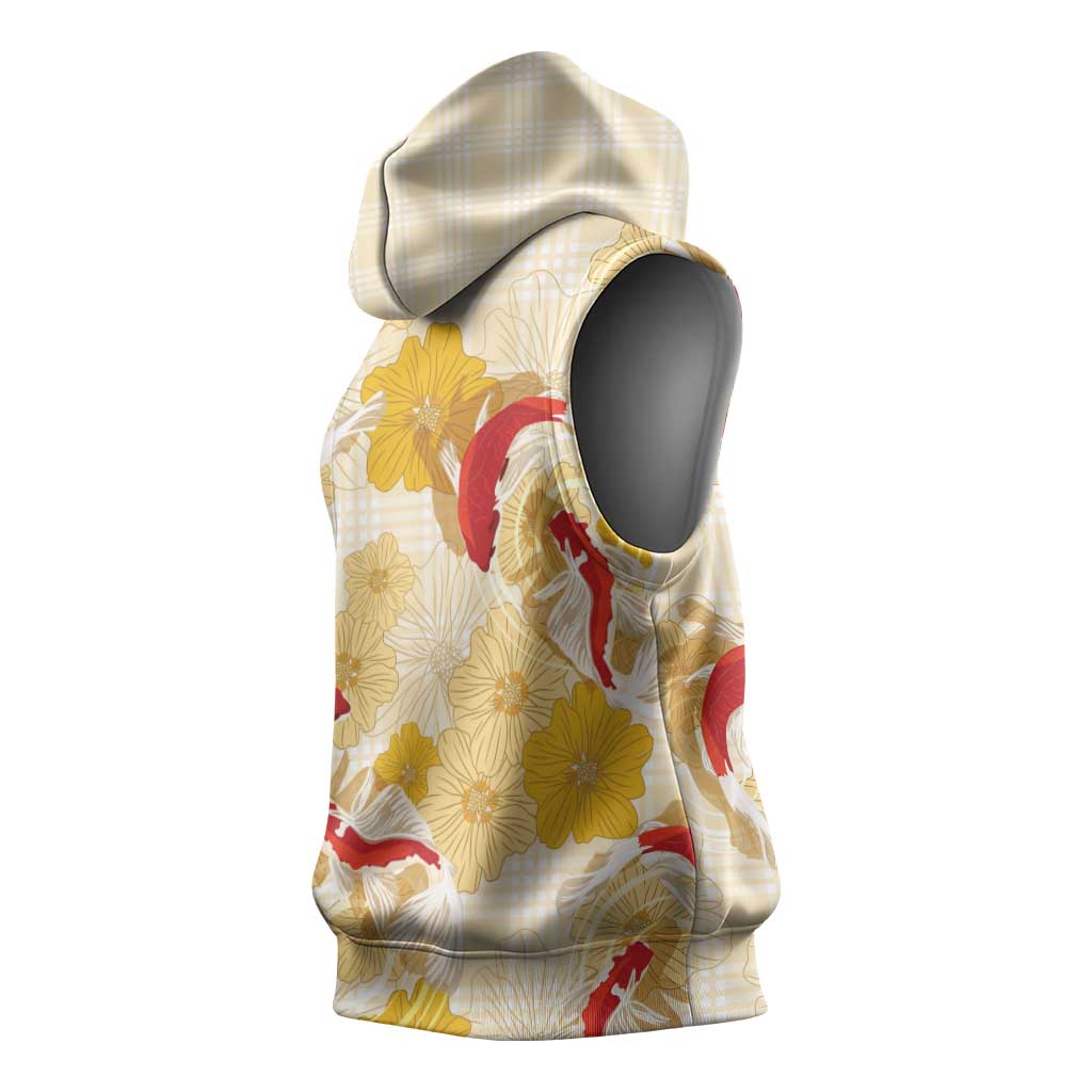 Beige Palaka Hawaii Aloha Sleeveless Hoodie Koi Pond Mix Ilima Flowers LT7 - Polynesian Pride