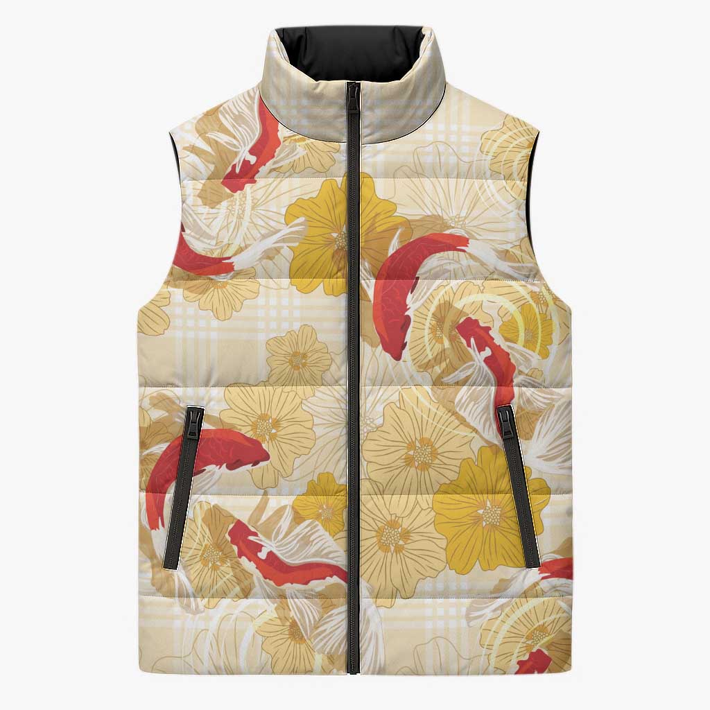 Beige Palaka Hawaii Aloha Sleeveless Puffer Jacket Koi Pond Mix Ilima Flowers LT7 Unisex Cream Yellow - Polynesian Pride