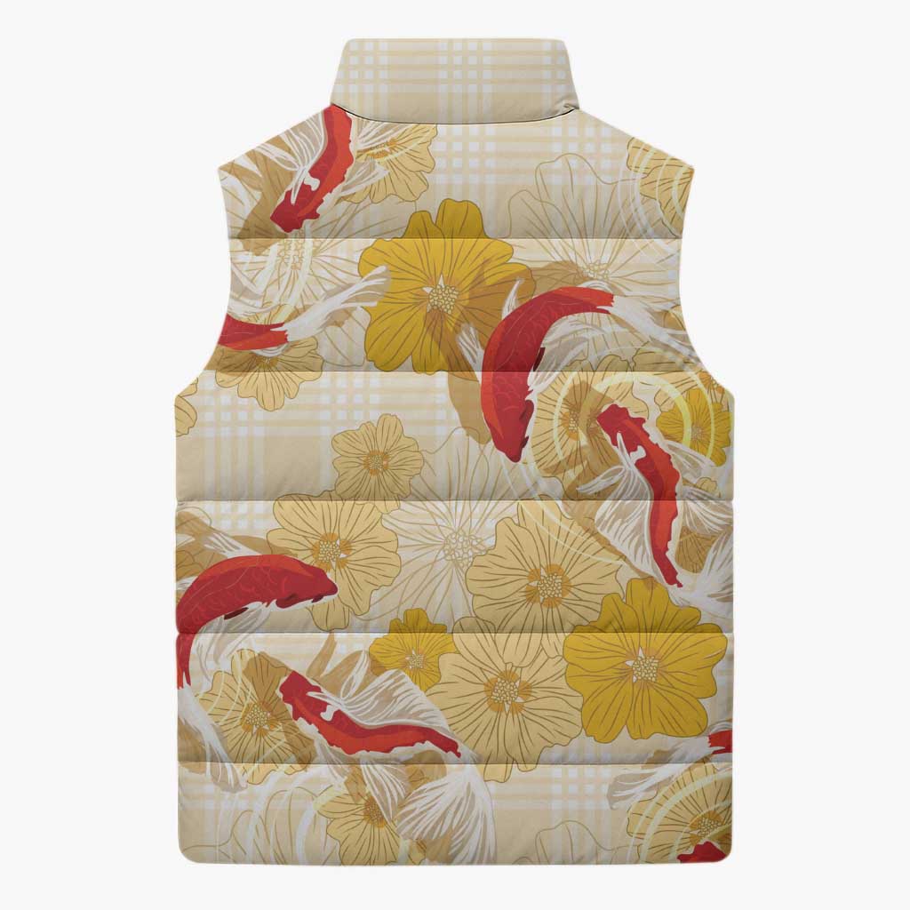 Beige Palaka Hawaii Aloha Sleeveless Puffer Jacket Koi Pond Mix Ilima Flowers LT7 - Polynesian Pride