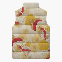Beige Palaka Hawaii Aloha Sleeveless Puffer Jacket Koi Pond Mix Ilima Flowers LT7 - Polynesian Pride