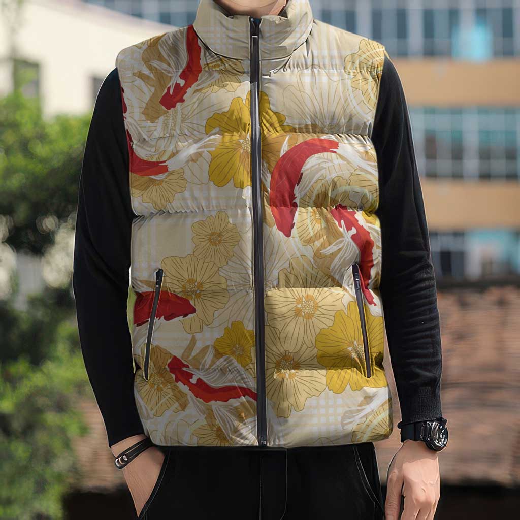 Beige Palaka Hawaii Aloha Sleeveless Puffer Jacket Koi Pond Mix Ilima Flowers LT7 - Polynesian Pride