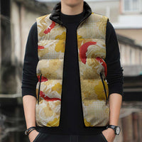 Beige Palaka Hawaii Aloha Sleeveless Puffer Jacket Koi Pond Mix Ilima Flowers LT7 - Polynesian Pride