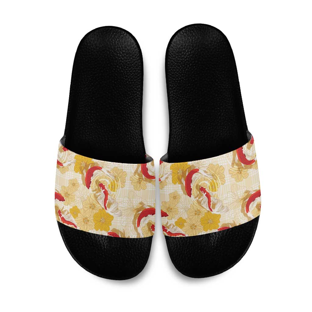 Beige Palaka Hawaii Aloha Slide Sandals Koi Pond Mix Ilima Flowers LT7 Cream Yellow - Polynesian Pride