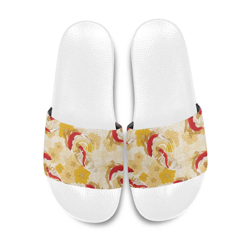 Beige Palaka Hawaii Aloha Slide Sandals Koi Pond Mix Ilima Flowers LT7 Cream Yellow - Polynesian Pride