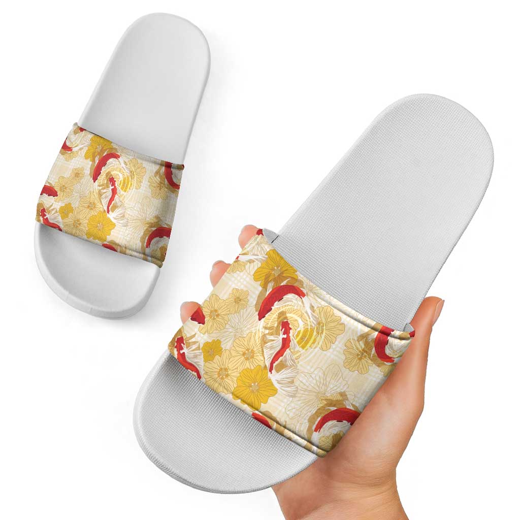 Beige Palaka Hawaii Aloha Slide Sandals Koi Pond Mix Ilima Flowers LT7 - Polynesian Pride